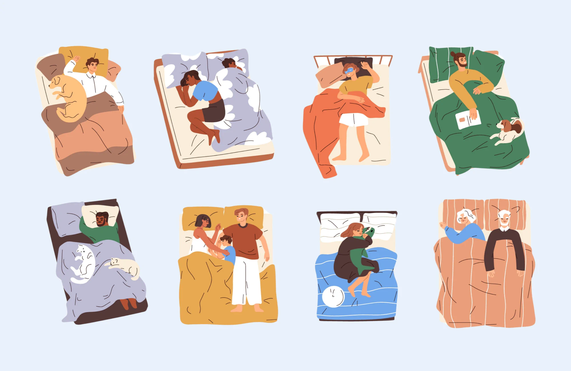 Illustrations of various people sleeping on various mattress sizes