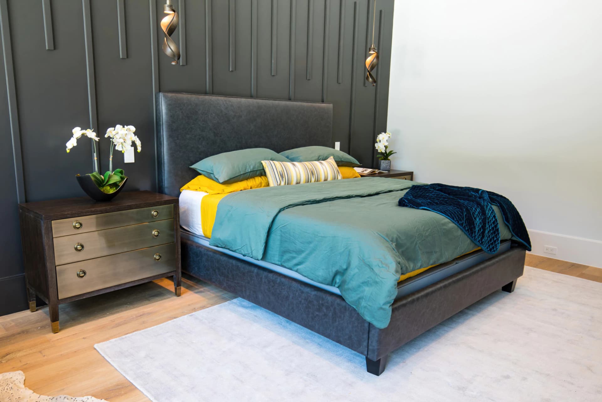 Leather upholstered bed frame in elegant bedroom