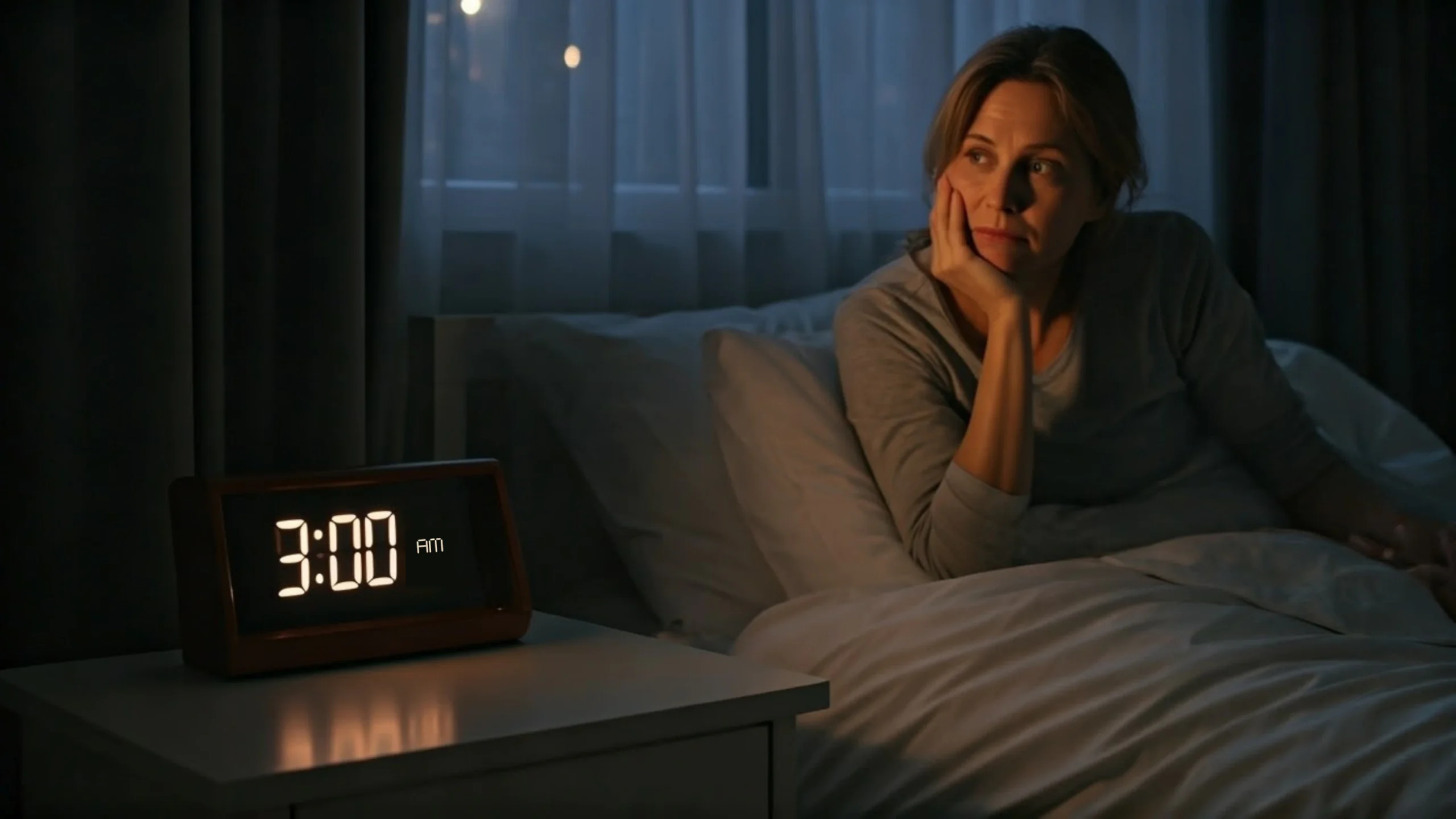 Woman sitting up in bed next to a clock that reads 3 A.M.