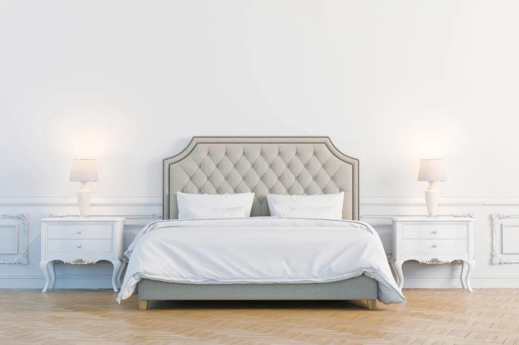 White bed with gray headboard