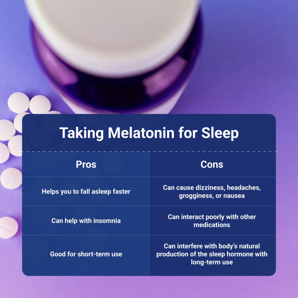 Graphic listing out the pros and cons of taking melatonin for sleep.
