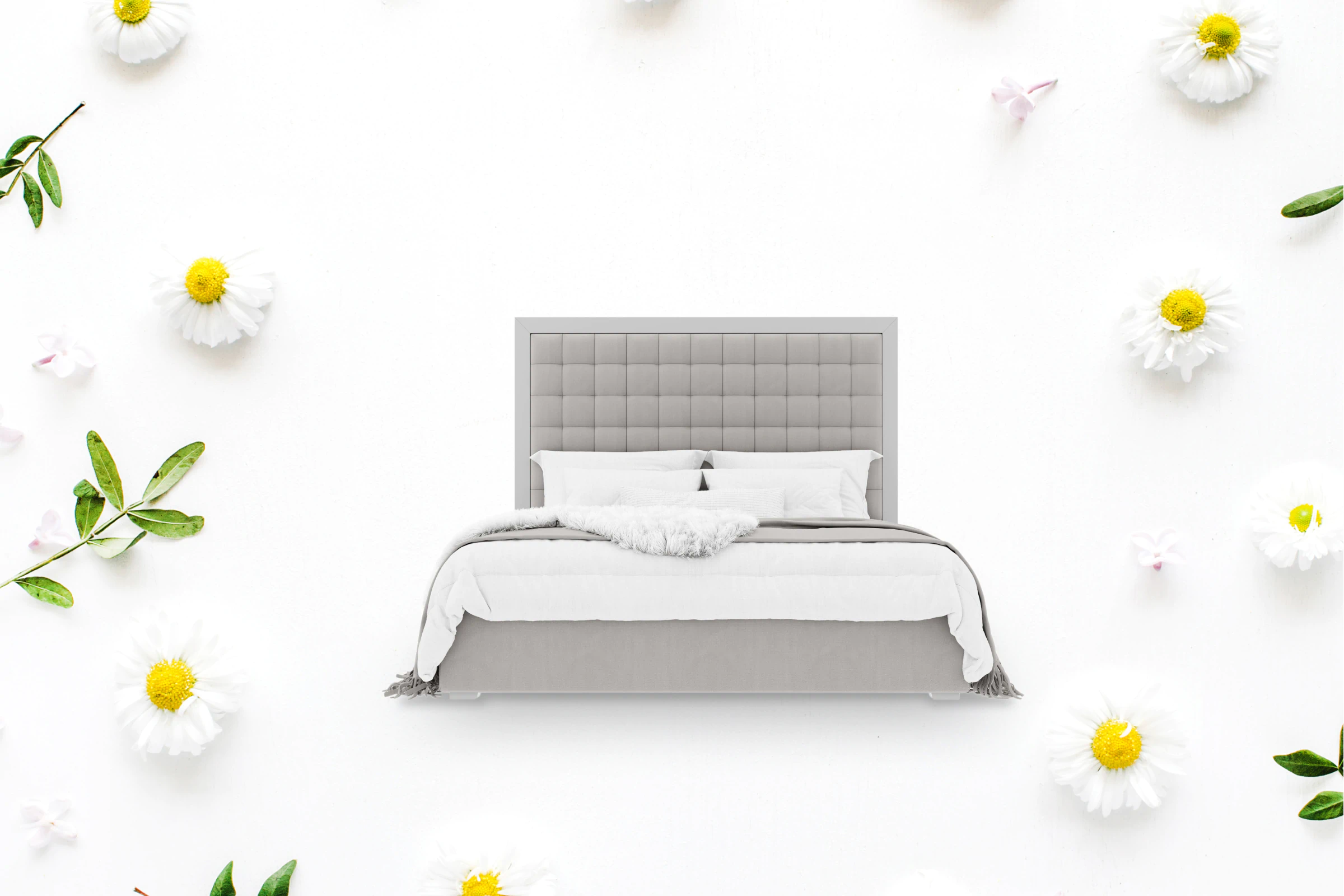 Spring flowers around a made bed